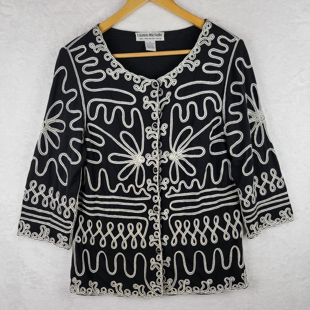 Lauren Michelle M Blazer Long Sleeve Black White Embroidered Whimsical Jacket